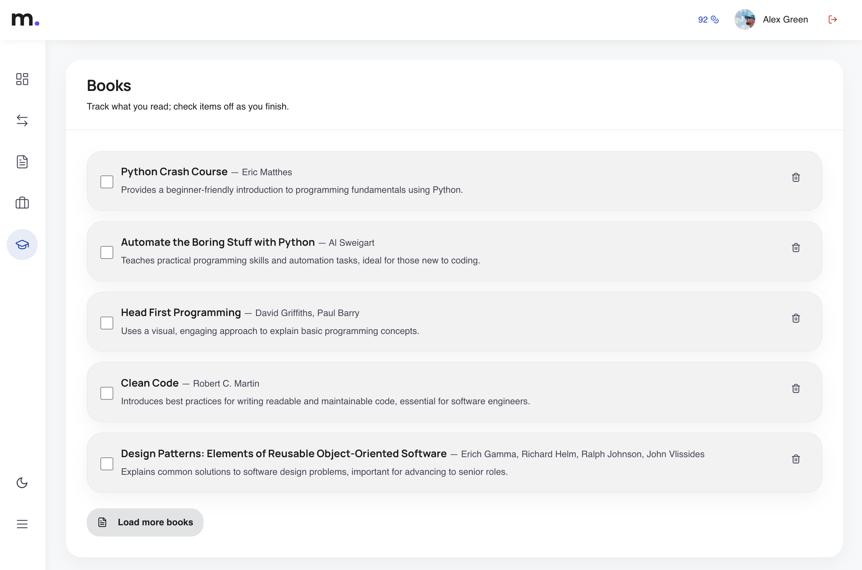 Books section in a MatchResume.ai career plan with checkboxes and load-more control