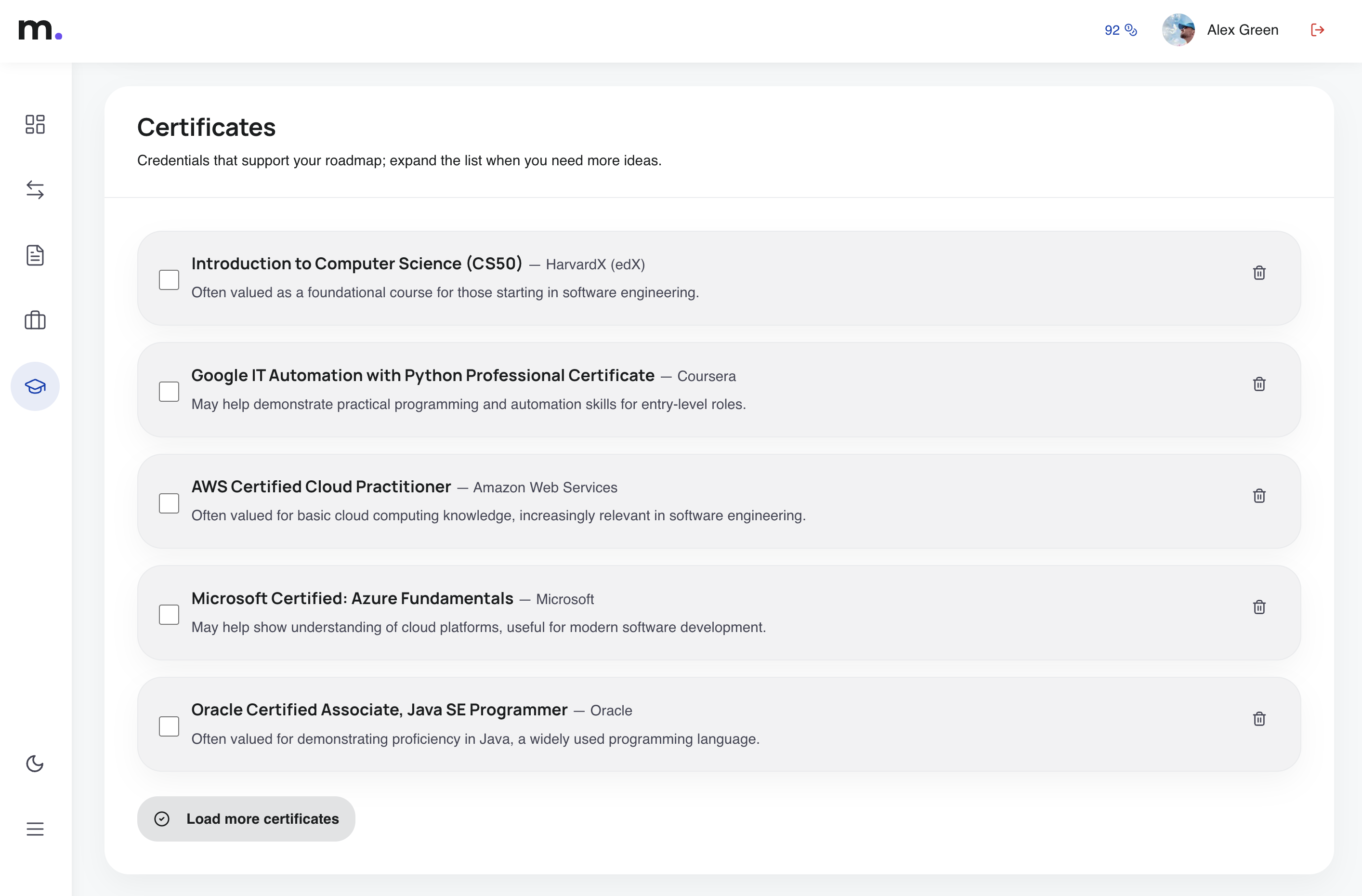 Certificates section in a MatchResume.ai career plan with suggested credentials and checkboxes
