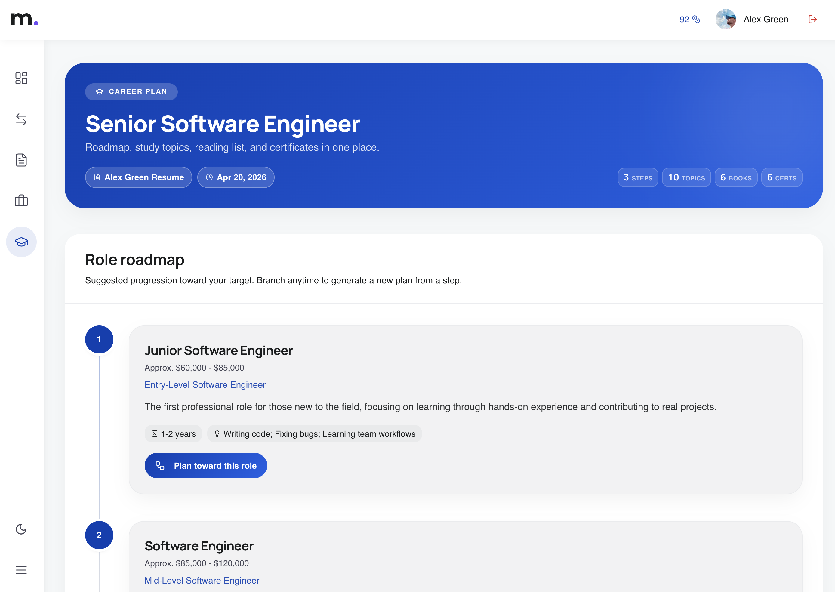 Career plan detail in MatchResume.ai showing hero summary, resume and date chips, and roadmap steps toward the target role