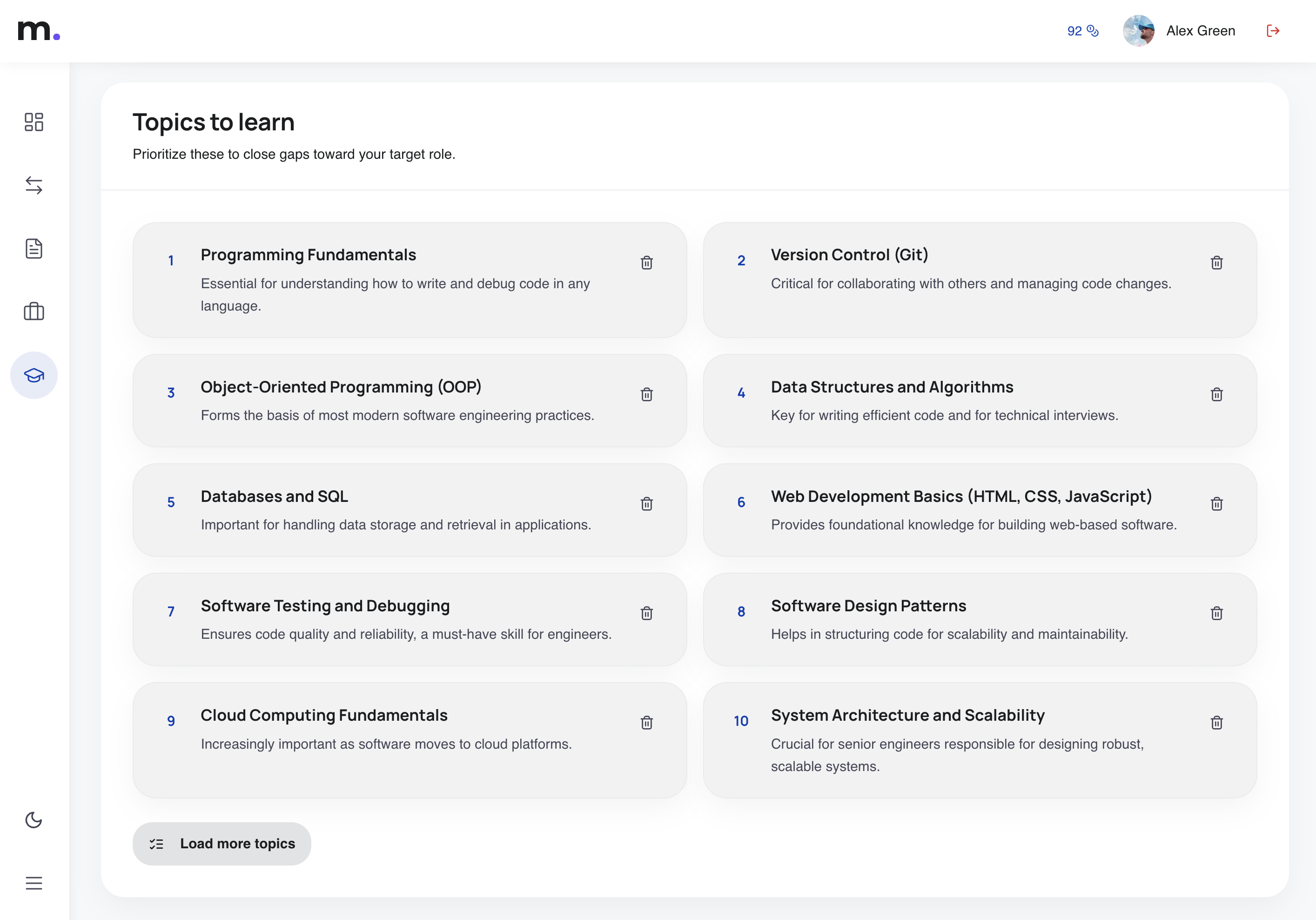 Topics to learn section in a MatchResume.ai career plan with cards for each topic
