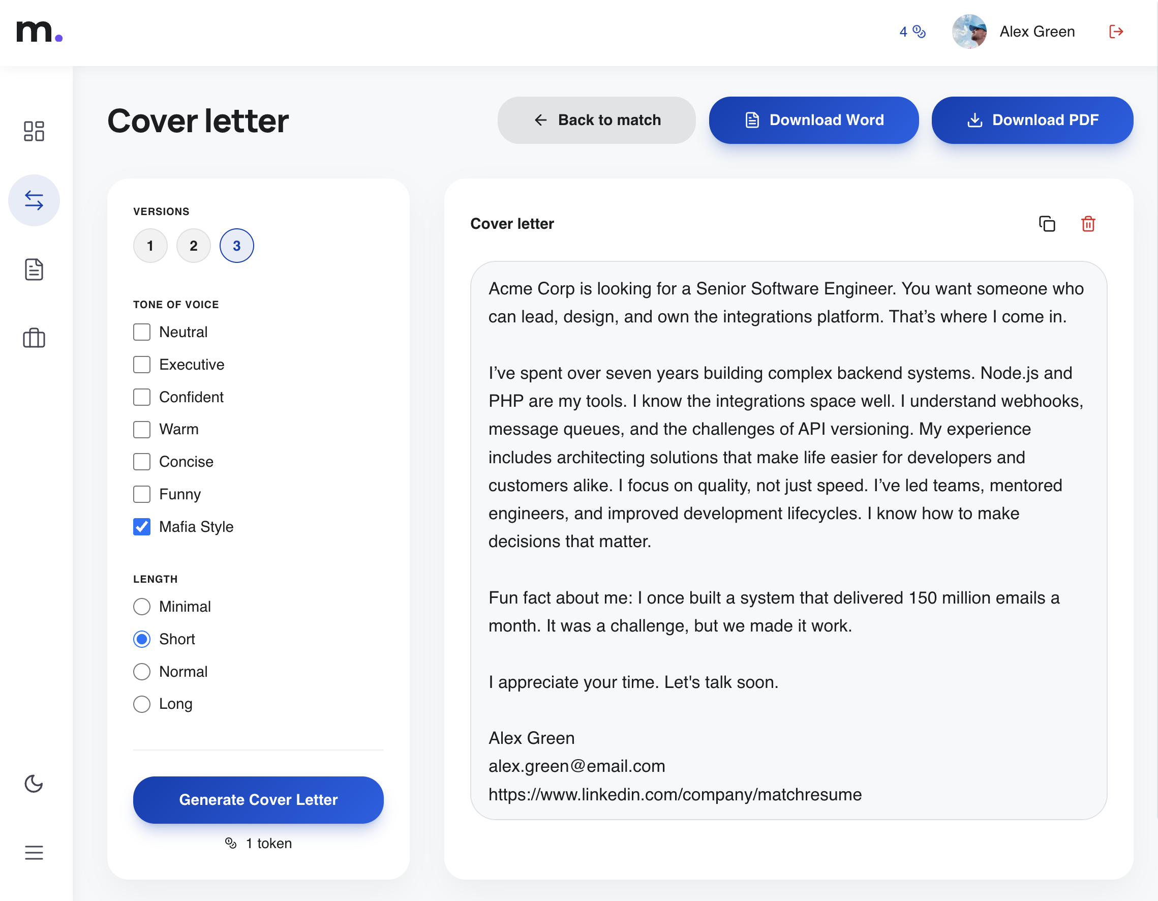 MatchResume.ai cover letter workspace with draft text and export options
