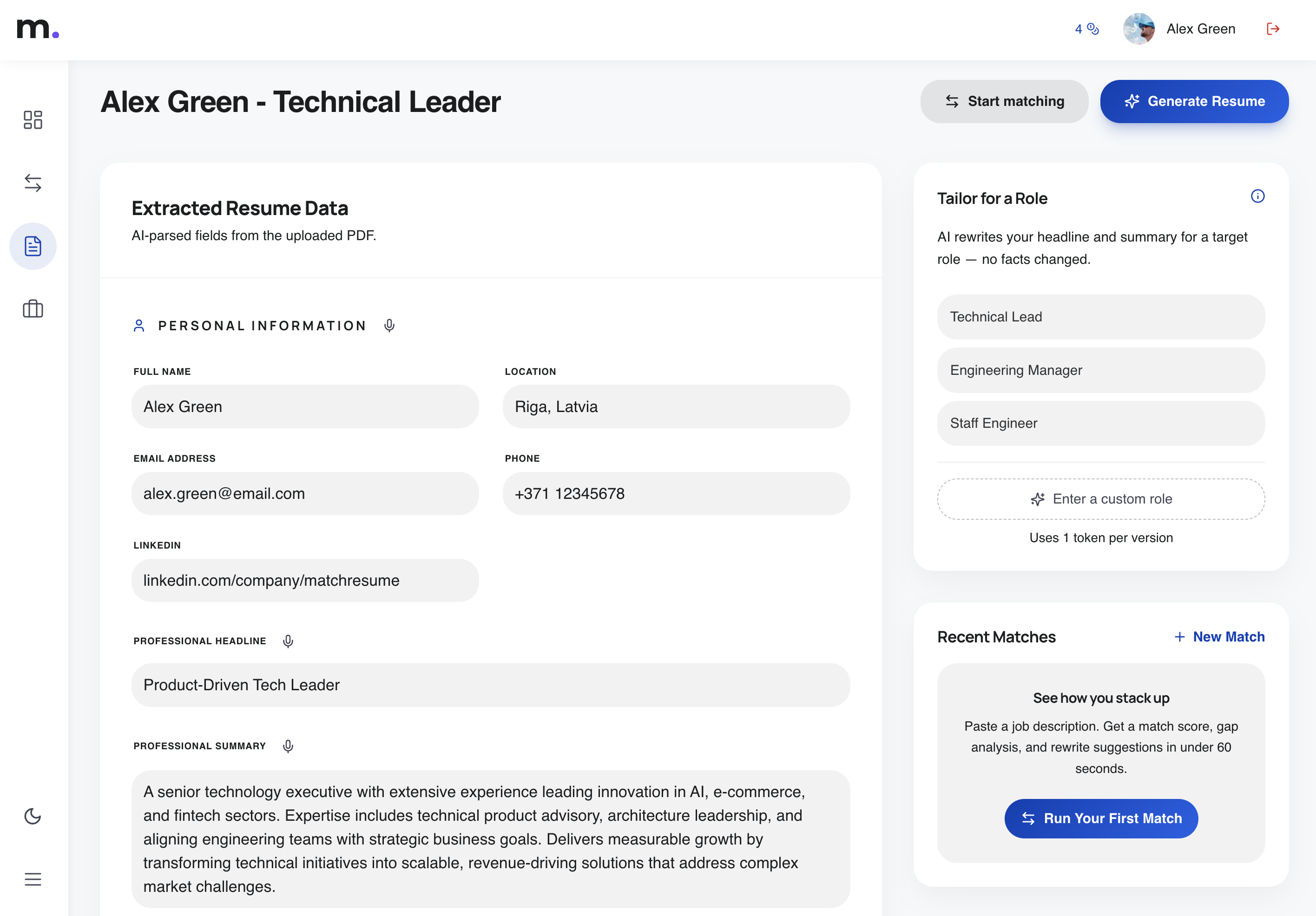 MatchResume.ai interface in the brighter light theme with clearer typography and spacing