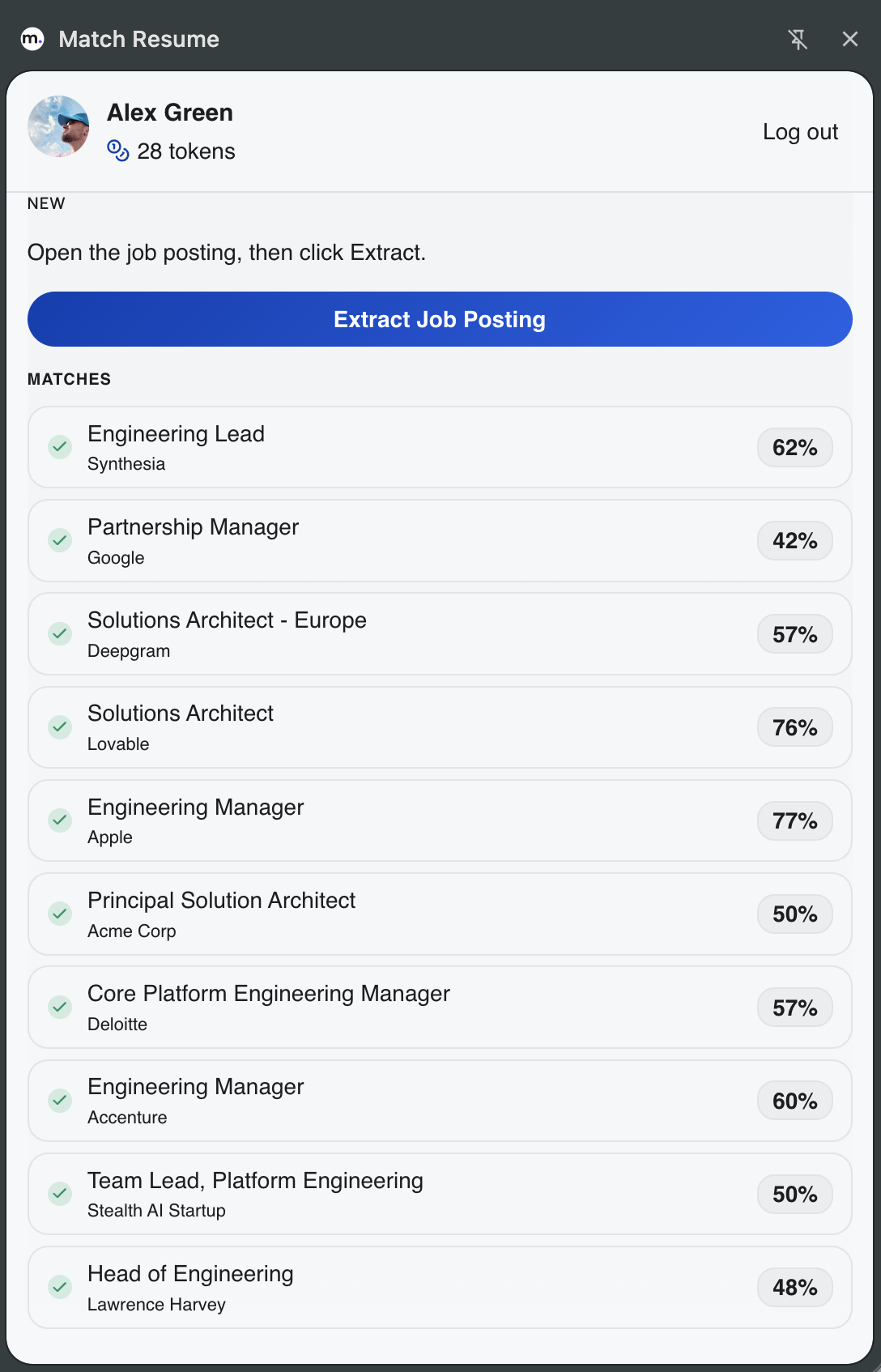 Match Resume Chrome side panel with an Extract Job Posting button and a list of recent matches with their scores