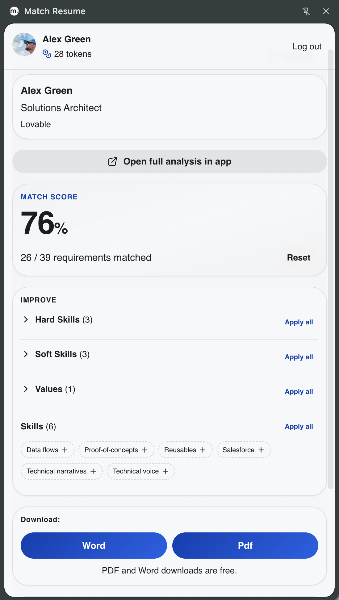 Match Resume side panel showing a 76% match score, an Improve section with Apply all per category, skill chips, and Word or PDF download buttons