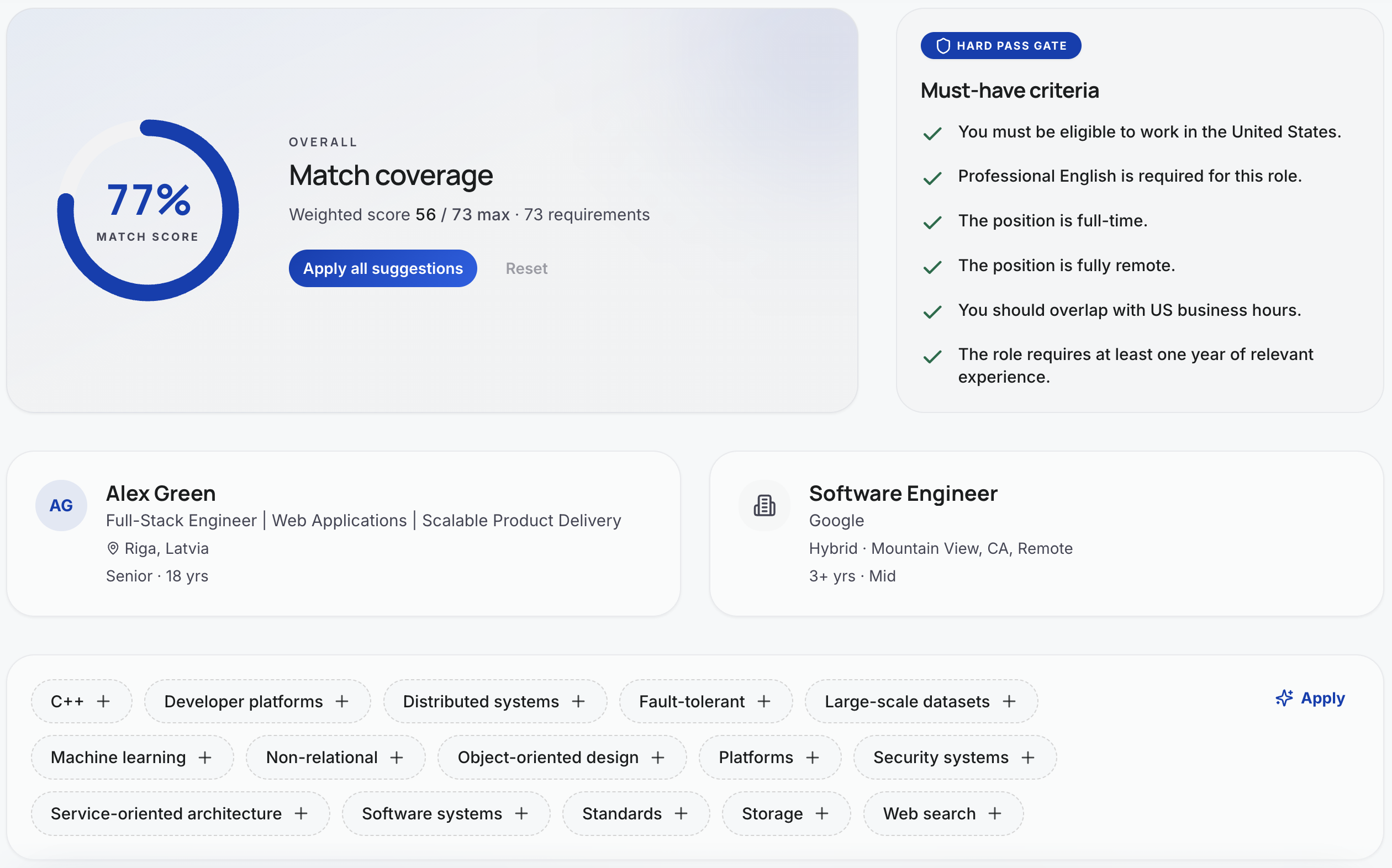 ATS match score preview showing overall match coverage, hard-pass criteria and skill tags