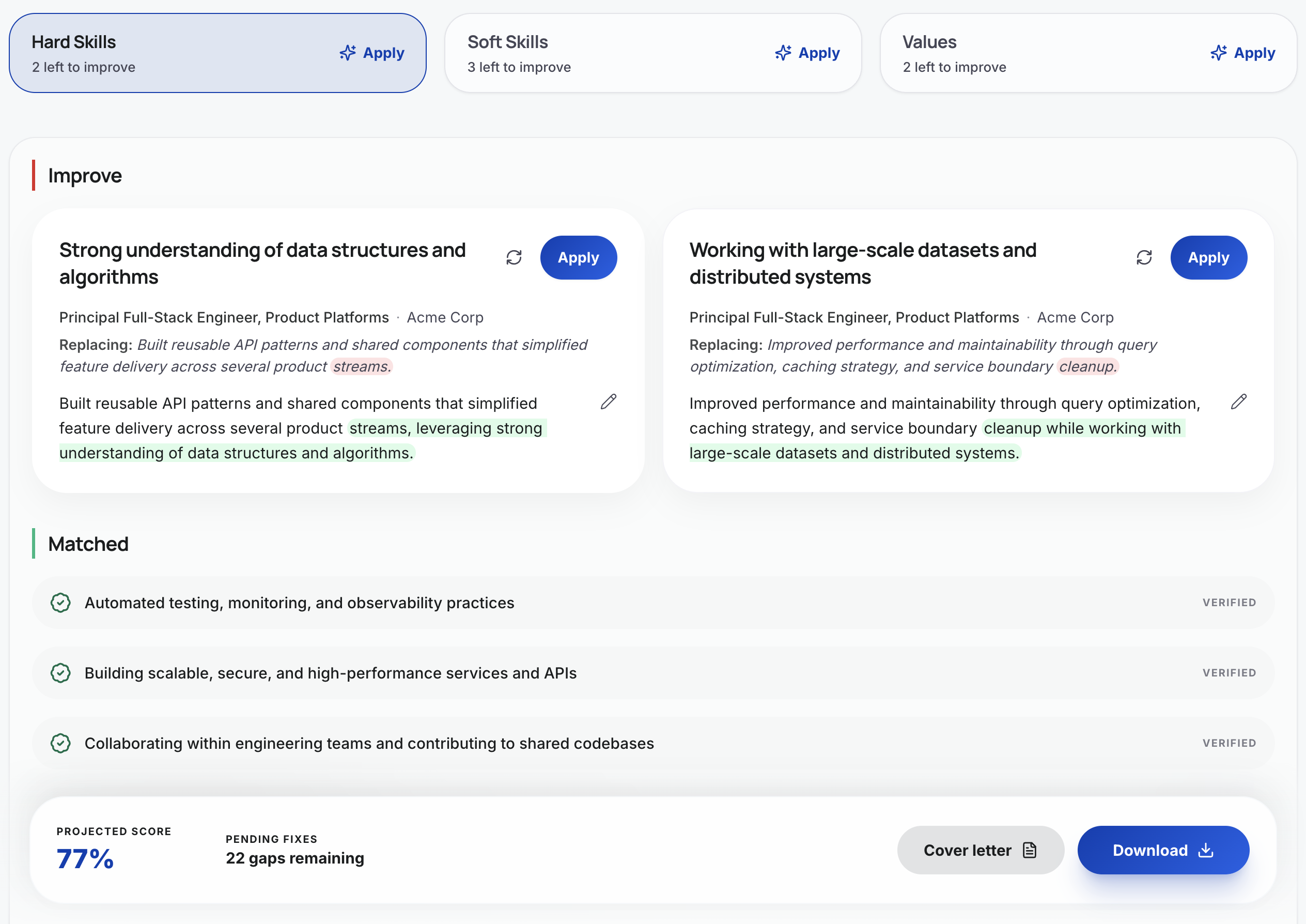 Resume improvement workflow with hard-skill suggestions, apply buttons and projected score