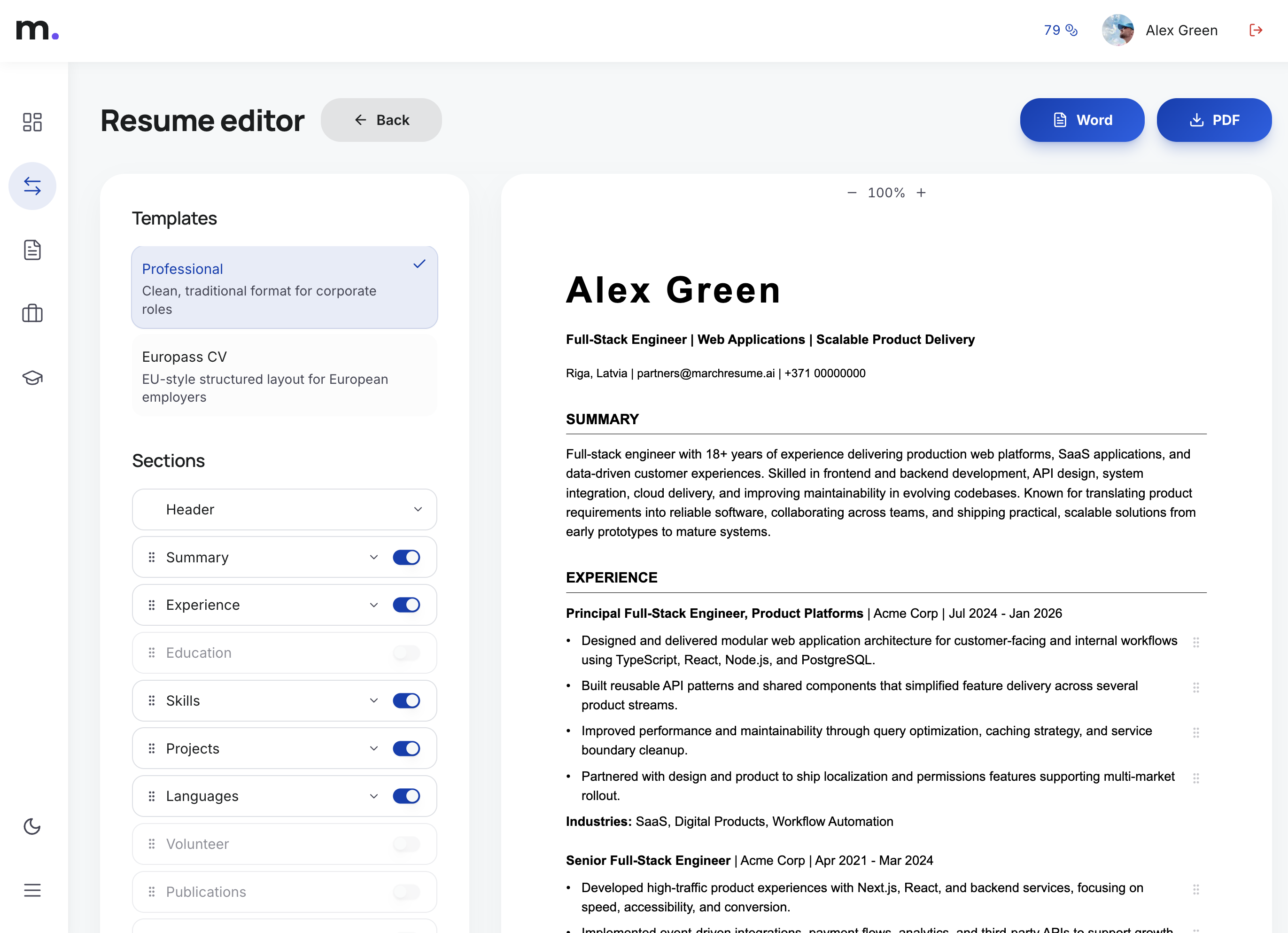 Generated resume preview with template picker, section toggles and Word/PDF export
